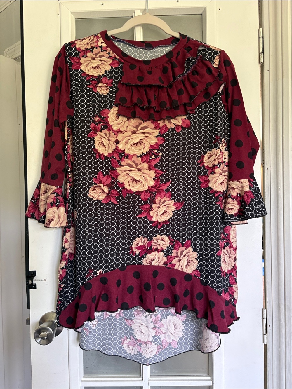 Floral & Polka Dot Ruffle Tunic - Burgundy, Black, Cream